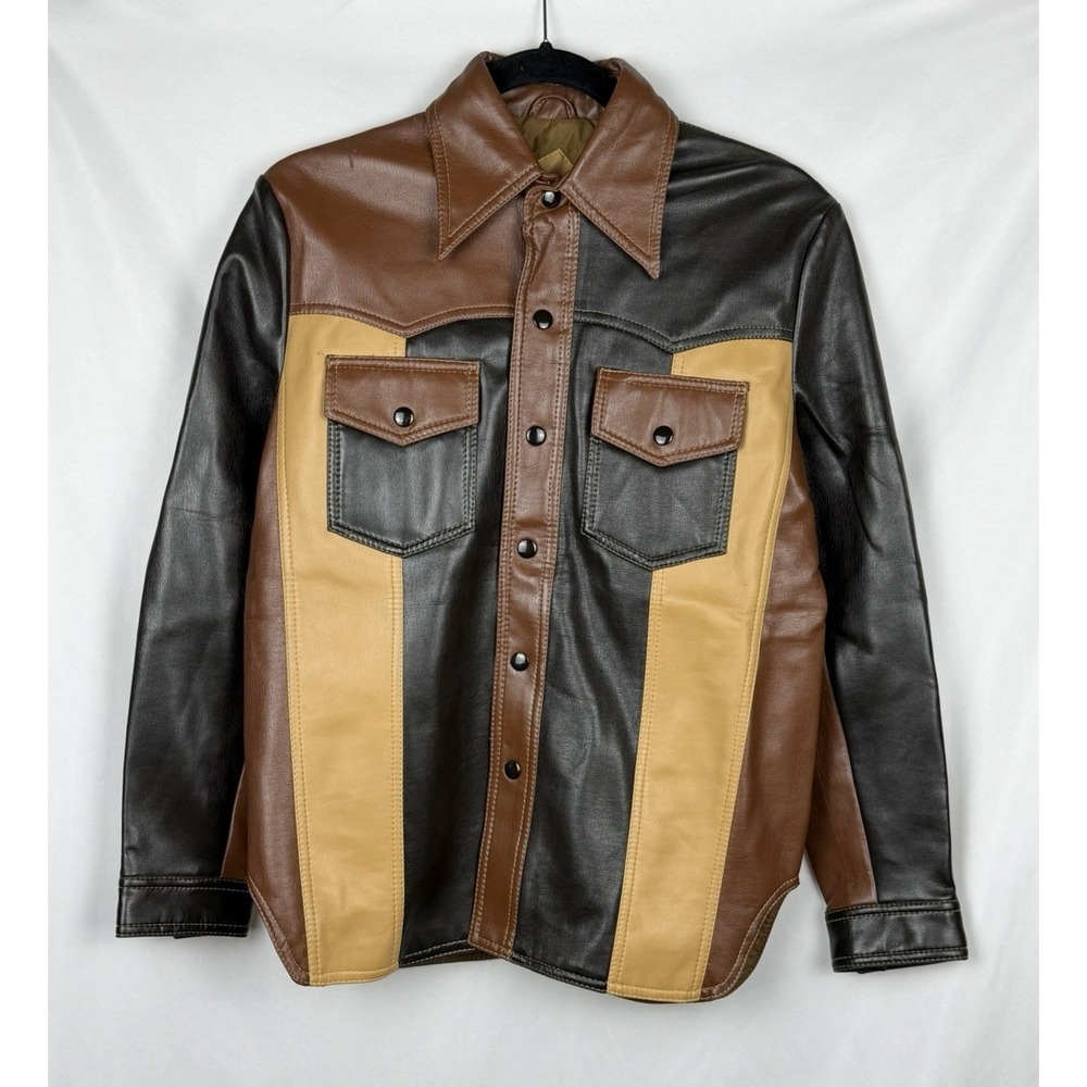 Vintage 70s Jagar Faux Leather Jacket Mens Small Boys 16 Colorblock Shacket Rare